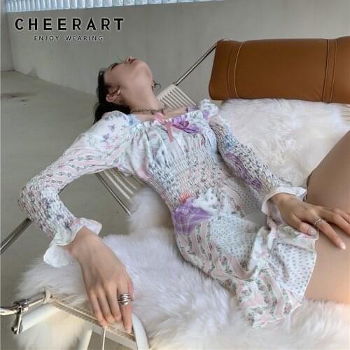 CHEERART Puff Sleeve Square Neck Ruffle Mini Dress Women Long Sleeve Backless Bodycon Tie Bow Tunic Cute Dress Spring Autumn