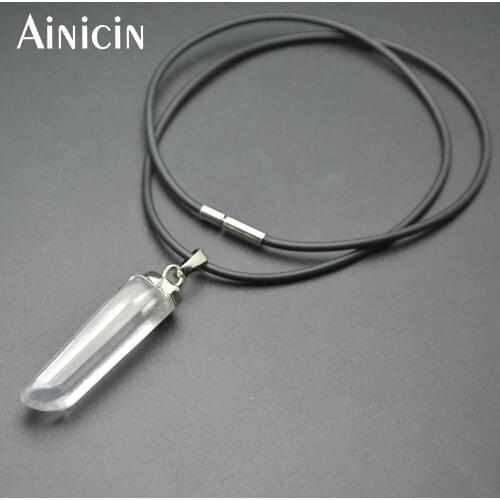 10pc Transparency Rock Crystal Pillar Shape Silver Plated Pendant With 16'' Rubber Chain Necklace For Men and Women Jewelry