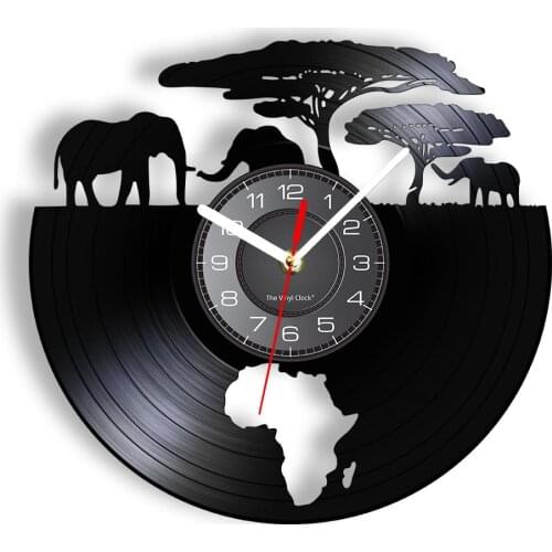 African Elephants Gramophone Record Wall Clock Wild Animals Nature Home Decor Safari Elephant Shadow Art Vinyl Record Timepieces