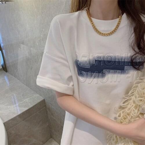 White T-shirt Womens Mid-length Loose Korean Short-sleeved Tops Spring and Summer 2021 New Printed Inner Base Shirt