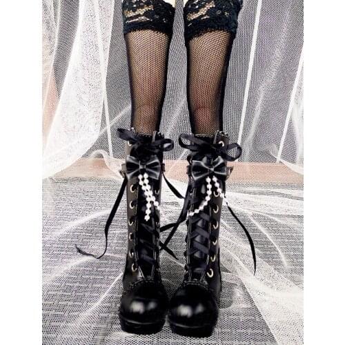 N01-X036 children handmade toy 1/3 1/4 Doll Accessories BJD/SD doll shoes Beaded Bow Lace Black Bandage Boots 1 pair