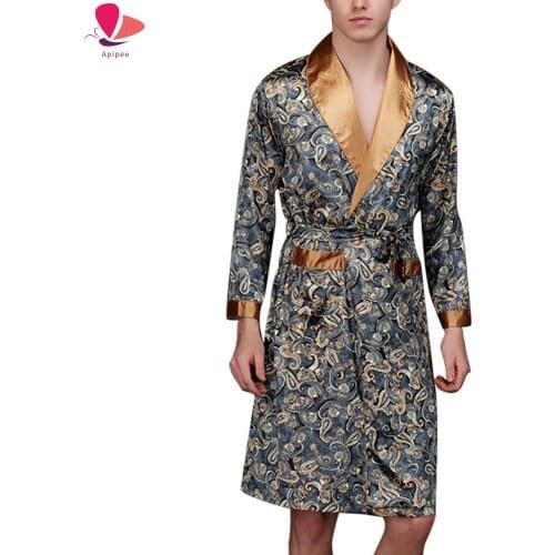 Men Bathrobe Men Simulation Silk Print Pajamas Lingerie Robe Mens Summer Robes Male Senior Satin Sleepwear