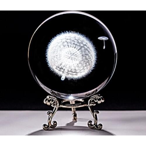 Crystal Ball 3D Laser Engraved Dandelion Miniature Glass Globe Sphere Home Decorative Ornament Craft Gifts Figuras De Cristal