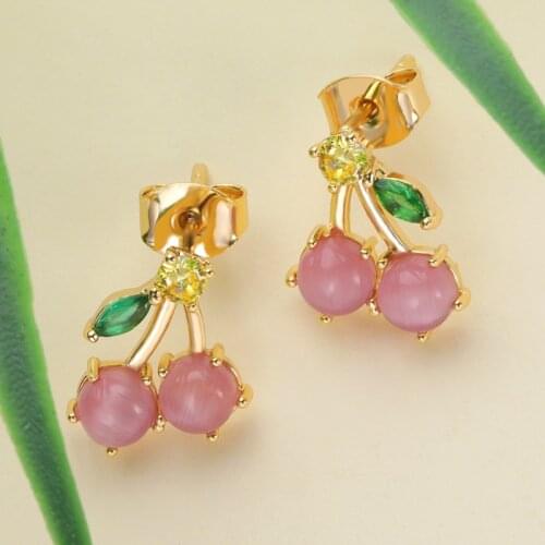 Cute Cherry Earrings Pink Crystal Sweet Fruit Stud Earrings For Women Girls Romantic Summer Jewelry Lucky Gifts For Girlfriend