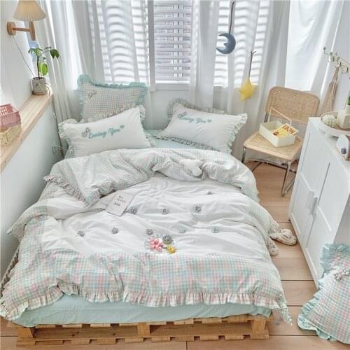 Bedding set Plaid lotus leaf pure cotton quilt set bedding decoration room decoration American extra large 4-piece set