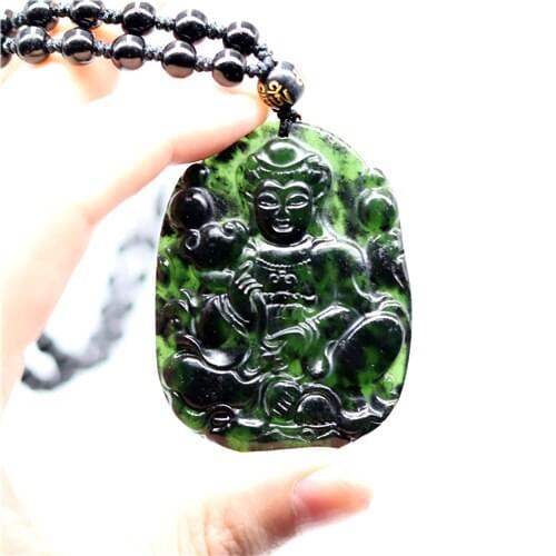 Natural Black Green Jade Obsidian Guanyin Pendant Beads Necklace Fine Jewelry Carved Amulet Fashion Charm Gifts for Women