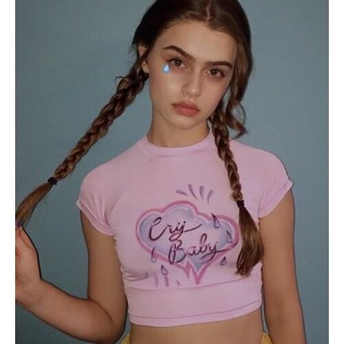 New Spring Summer Women Pink Printing Round Neck Short Open Navel Women Top Tight Elastic Short Sleeve Sexy Fashion T-shirt