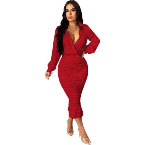 Autumn and Winter New Woman Sexy V-neck Long-sleeved Hip Dress