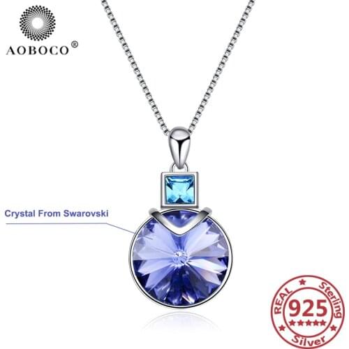 AOBOCO 925 Sterling Silver Necklace Blue Crystal From Swarovski Womens Jewelry Necklace Pendants Silver 925 Jewelry Moms Gifts