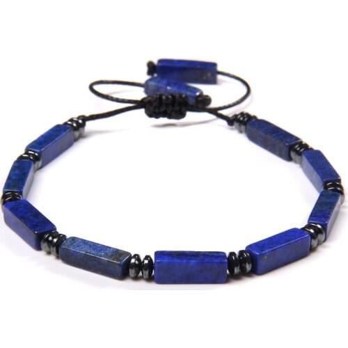 Rectangle Lapis Lazuli Bracelets Men Hematite Slice Charm Bracelet Homme Black Rope Adjustable Bangle Jewelry Women Pulsera Gift