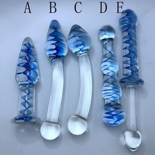 Blue Ripple Design Smooth Cold Warm Glass Dildo Artificial Crystal G-spot Anal Ass Butt Plug Prostate Massage Sex Toy
