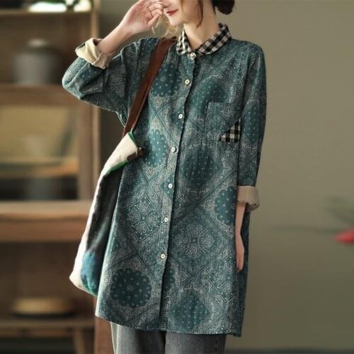 Johnature New 2021 Turn-down Collar Patchwork Print Long Blouses Casual Loose Vintage Tops Spring Women Cotton Mori Girls Shirts