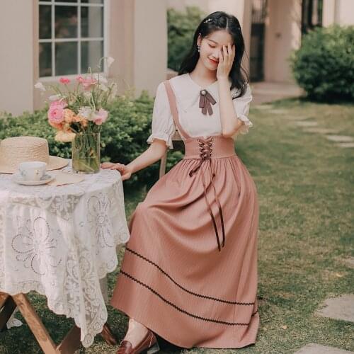 Women Cute Vestido Preppy Summer French Lace Doll Neck Bow Sweet Lovely Shirt Top and Solid Color High Waist Striped Retro Set