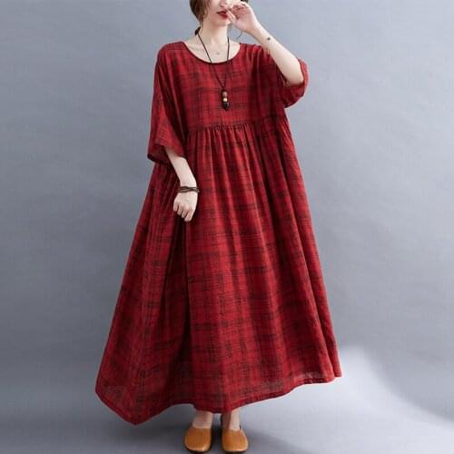 Oversized Sundress 2021 New Arrival Thin Soft Cotton Loose Summer Dress Plaid Print Vintage Holiday Travel Casual Women Dress