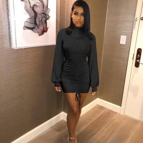 Sexy Lantern Sleeve Mini Birthday Dress for Women Summer Bodycon Skinny Party Prom Evening Pleated Black Dresses Vestido