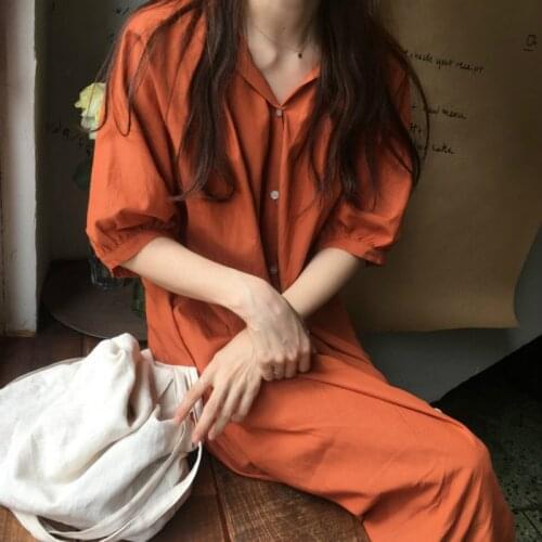 Women Summer Ruffle V Neck Half Sleeve Long Shirt Dress Orange Solid Color Brief Dresses with Waistbelt Single Breasted