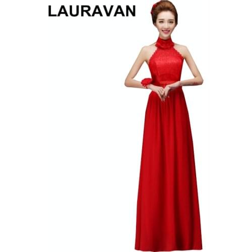 Simple red chiffon gorgeous sleeveless robe de soiree halter neckline bridesmaid long gowns patterns for women dress wedding