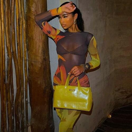 Vintage Orange Graphic Print See Through Dresses Women New Sexy Bodycon Dress Mid Long Sheath Ladies Beach Style Streetwear 2021