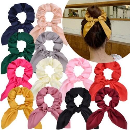 2020 Women Fashion Bunny Ears Silk Scrunchie White Hair Bands Girls Elastic Bonnet Satin Hair Scarf Ribbon Chouchou Accessories