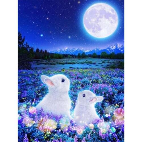 5D DIY diamond painting cross stitch moon lavender and white rabbit full square/round mosaic diamond embroidered wall decoration