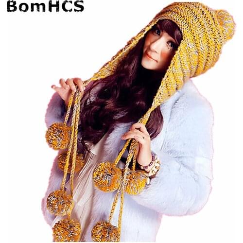 BomHCS New Fashion Designer Beanies Winter Hat with Ears Warm Beanie Girl Hats with 9 Poms