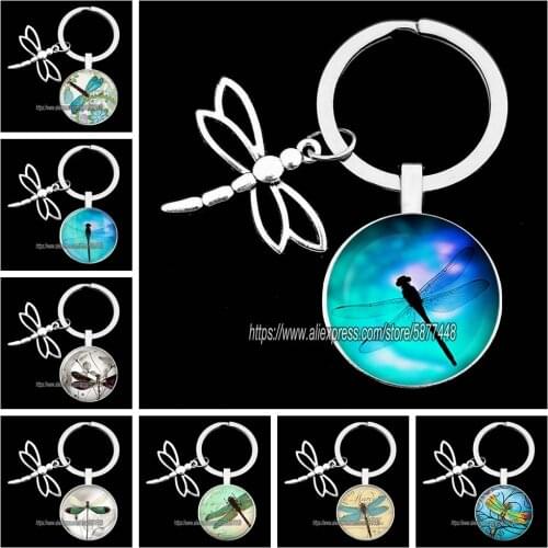 Beautiful Dragonfly Glass Cabochon Keychain Cute Animal Key Ring Lovely Insect Glass Dome Key Holder for Women and Girl
