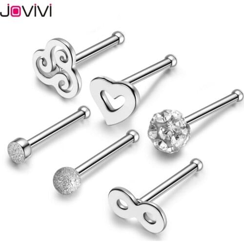 JOVIVI 6pcs Stainless Steel 20G Nose Ring Studs Bone Nostril Pin Straight Shape Bar Nose Piercing Jewelry Gold/Rose Gold