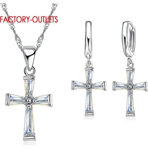 Classic Zircon Crystal Cross Shape 925 Jewelry Set For Women Earrings+Necklaces Sets Best Christmas Gifts