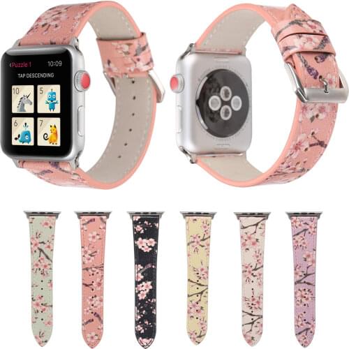 Floral Printed Leather Strap for Apple Watch Series 1/2/3/4/5 Band 44mm 42mm 40mm 38mm Plum Flower Design Wrist Watch Bracelet