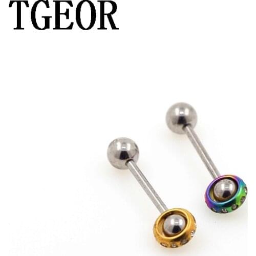 NICE 1 pair 14G circle gem multi crystals tongue barbell Stainless Steel piercing tongue ring