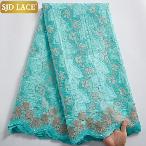 SJD LACE Wedding Dress 2021African Lace Fabric Embroidery Cyan Dry Cotton With Stones Swiss Voile Lace In Switzerland Sew A2419