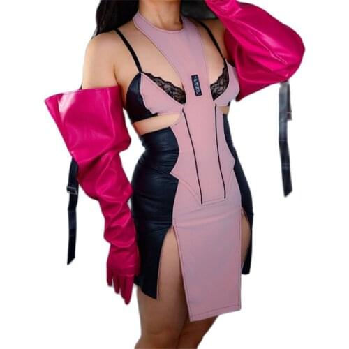 LATEX LEATHER GLOVES Unisex 70cm Long Large Sleeve Faux Leather Rose Red Adjustable Leather Belt Men Women Gloves WPU331