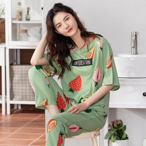 Fdfklak Summer Korean Two-Piece Cotton Female Pijama Home Wear New Short-Sleeved Trousers Women Sleepwear Print Pajama Set