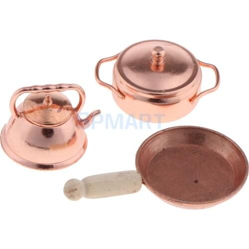 1:12 Scale Dollhouse Miniature Bronze Frying Pan Pot Kettle Kitchen Cooking Kit