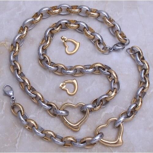 Fahion Jewelry Set Stainless Steel Chain Necklace Bracelet and Earrings Heart For Man & Woman Joyas Jewels Store SJ225008