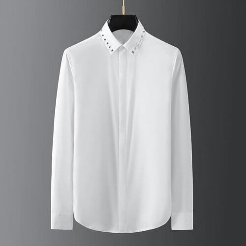 Men Long Sleeve Shirt Solid Color Slim Casual Business male Dress Shirts Beading Collar Plus Size Camisa masculina dress shirt