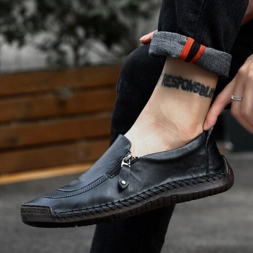 B04 Black Genuine Leather Mens Casual Shoes Luxury Brand Mens Loafers Flats Breathable Slip on Black Driving Shoes Plus Size 47