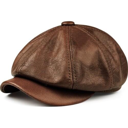 Hat Men 2021 Spring 100% Genuine Leather Cap Male Beret Painter Boina Cowhide Octagonal Casquette High Quality Streetwear