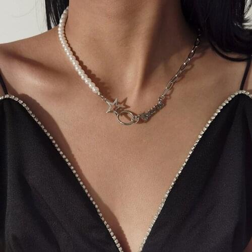 New Creative Asymmetrical Thick Chain Pearls Star Letter Choker Necklace Women Temperament Geometric Clavicle Necklace Jewelry