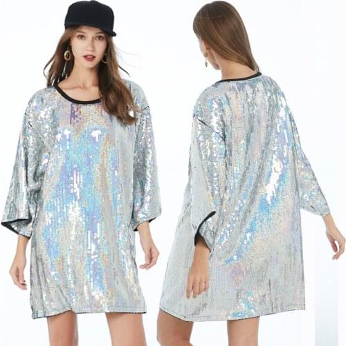 Pure Color High Street Casual Short Sleeve Straight Sequin Mini O-neck Black Red Purple Silver Summer Dress Sexy Party Dress