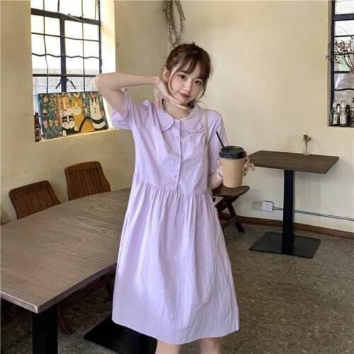 Dress Doll Collar Pink Dress Female Summer Loose Waist Waist Student New Mid-length Dress