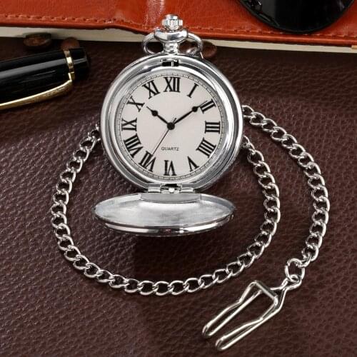 Full Hunter Silver Pocket Watch Smooth Face Pendant Clock Roman Number Display Quartz Pocket Clocks with Chain Unisex Retro Gift