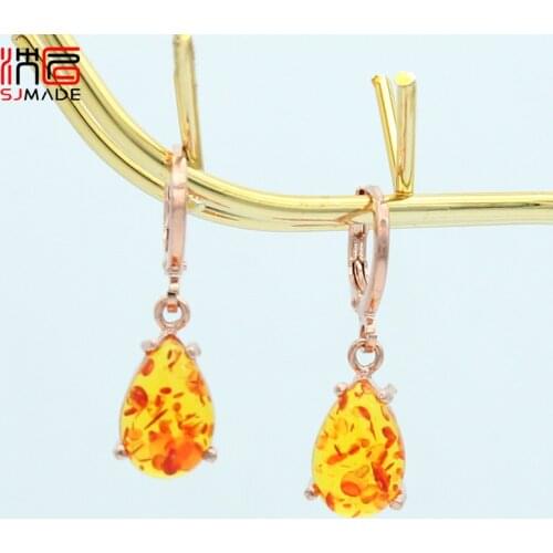 SJMADE New Water Drop Imitation Ambers Dangle Earrings Japan Korean For Women Girls Jewelry 585 Rose Gold Anti-allergy Eardrop