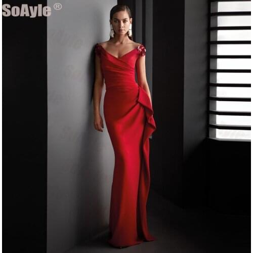 SoAyle Red Mermaid Evening Dress V-Neck Sleeveless Evening Party Dress Shoulder Flowers Beaded Ruffles Evening Dresses Plus Size