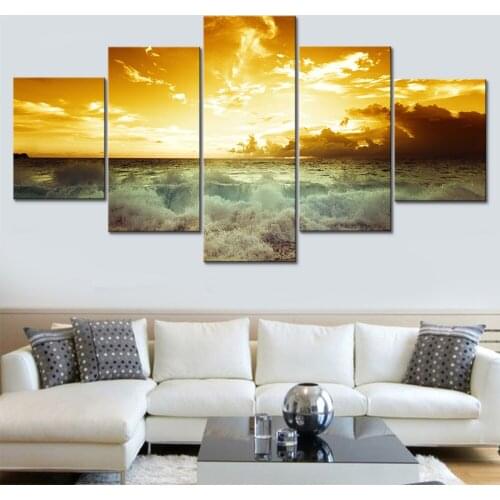 Modern Home Living Room Frame Canvas Decoration Wall Picture Modular Art Painting HD Golden Sky Beach Surf Scenery Poster Print