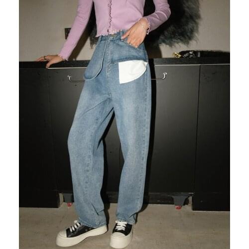 Spring High Waist Womens Blue Jeans EA Streetwear Vintage Exposed Pocket Femme Denim Trouser Baggy Straight Long Pocket Pants