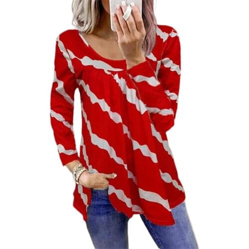 Pullover Women Blouse Elegant Irregular Hem Striped Print Casual Long Sleeve O Neck Ladies Blouses Shirt Top Autumn