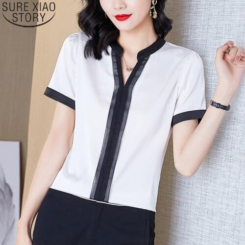 Office Lady Fashion White Blouse Women Silk Satin Shirt Summer 2021 New Short Sleeve Shirt Loose Pullover Clothes Blusas 15781