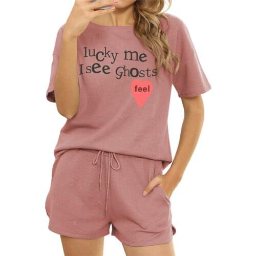 Women 2 Piece Summer Sets 2021 Sweatshirts Home Suit Female Pajamas with Short Sets O-Neck Cotton Letter Printed Pullover Suits