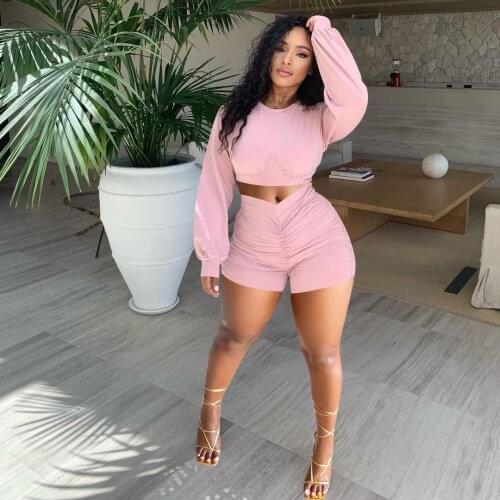 Women Autumn Tracksuits O Neck Long Sleeve Casual Crop Tops Pullover Top+Ruched Shorts Fitness Joggers Running Sportswear